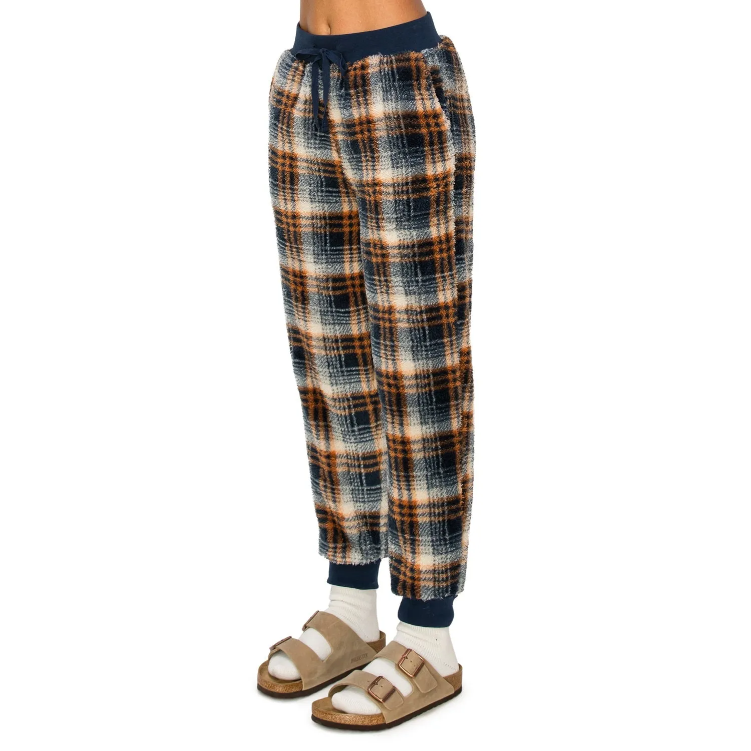 Sherpa Plaid Joggers Sweatpants - Navy/Brown