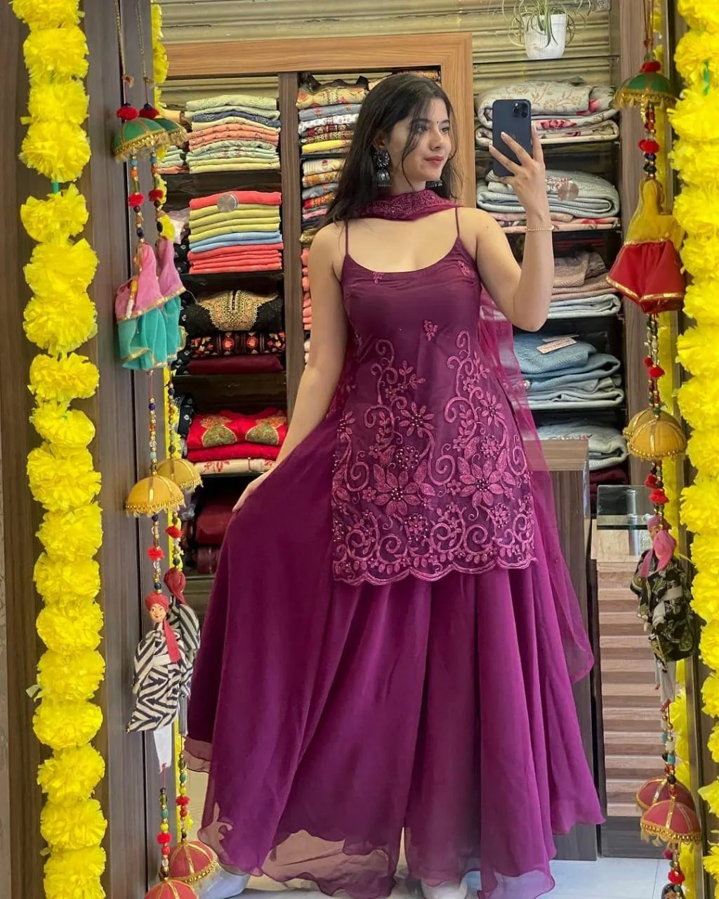 Sleeveless Sequins Work Wine Palazzo Suit Set