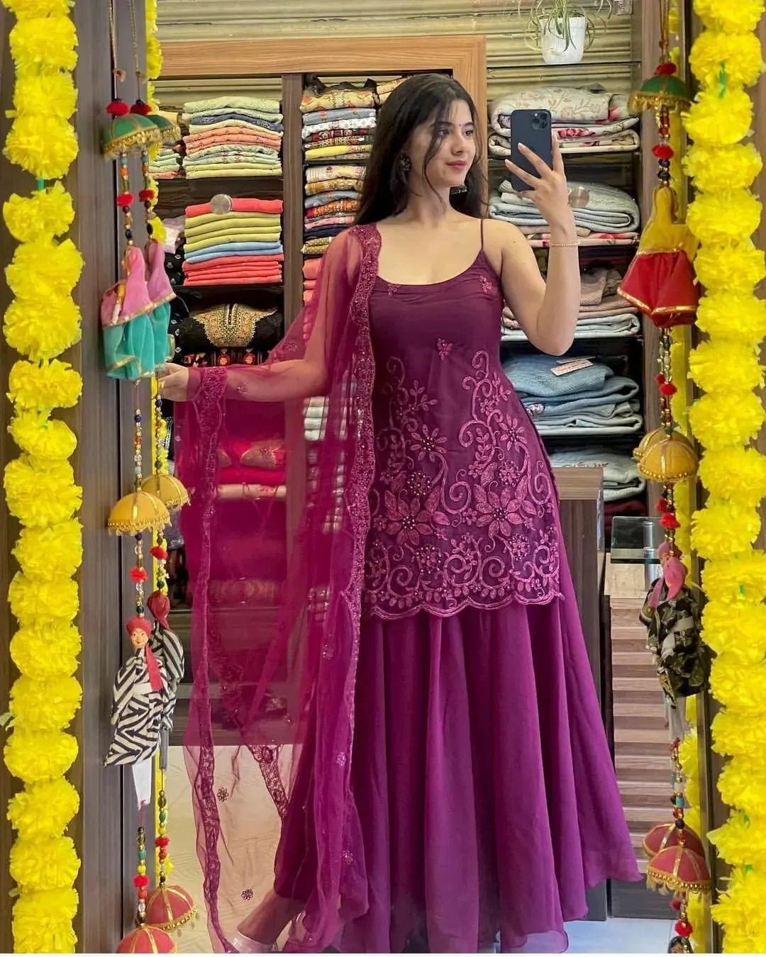 Sleeveless Sequins Work Wine Palazzo Suit Set