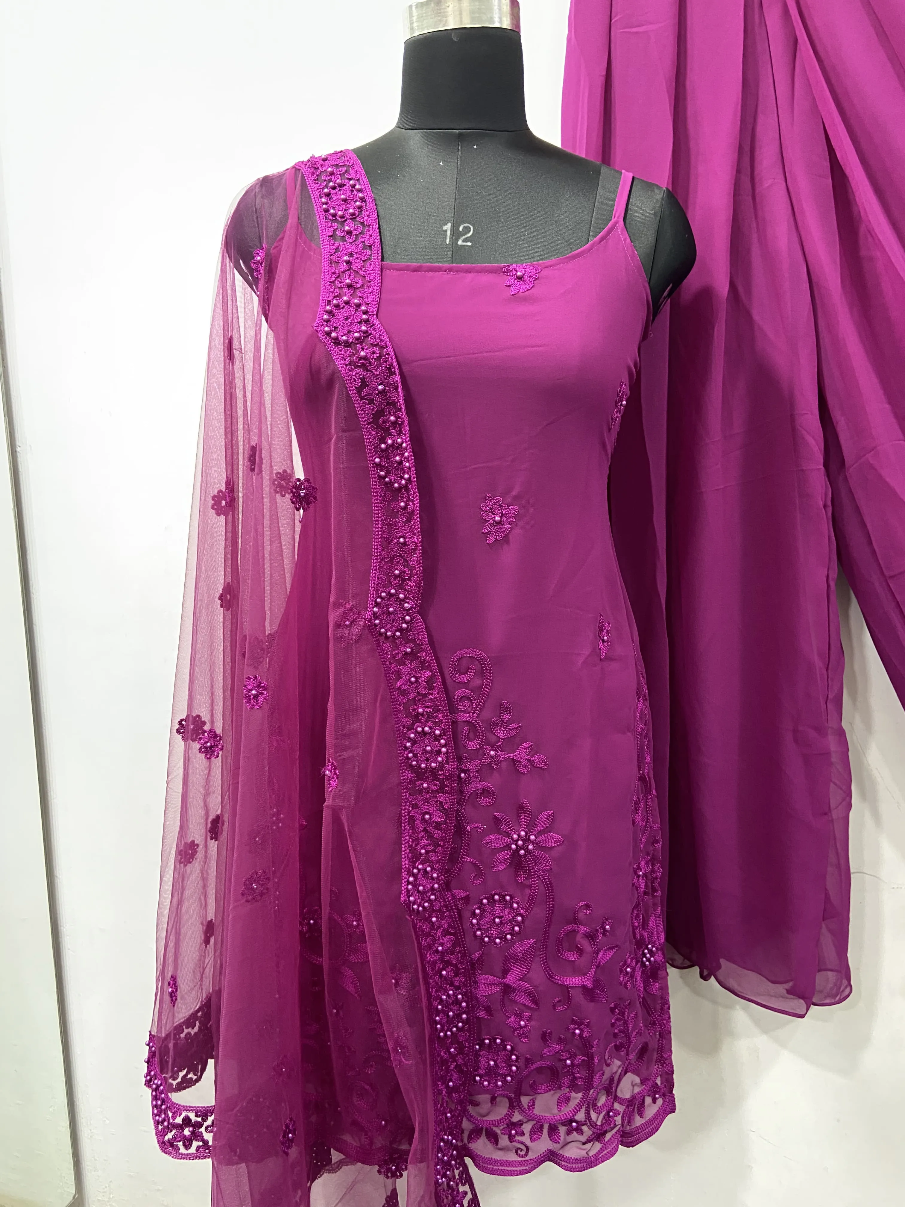 Sleeveless Sequins Work Wine Palazzo Suit Set