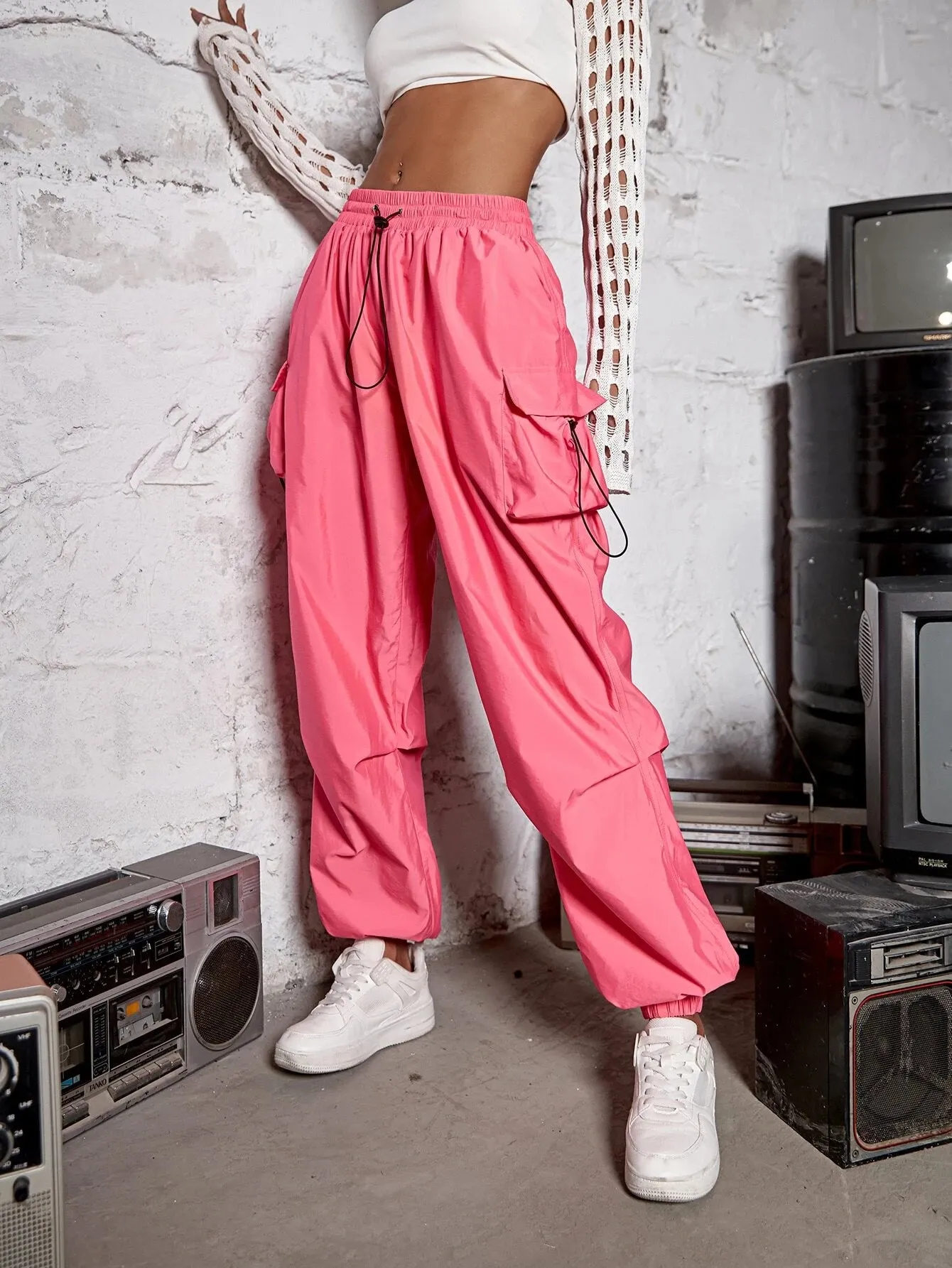 Street Drawstring Waist Cargo Parachute Pants