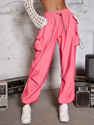 Street Drawstring Waist Cargo Parachute Pants