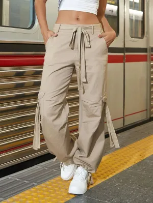 Tie Belt And Puffed Pockets Cargo Pants