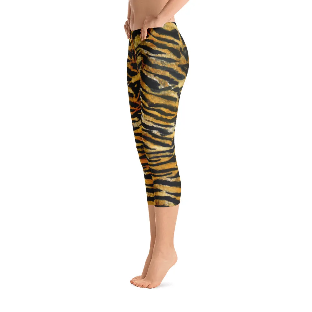 Tiger Striped Women's Capri Leggings, Orange Animal Print Capris Tights-Made in USA/EU