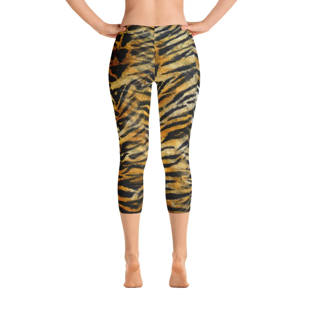 Tiger Striped Women's Capri Leggings, Orange Animal Print Capris Tights-Made in USA/EU