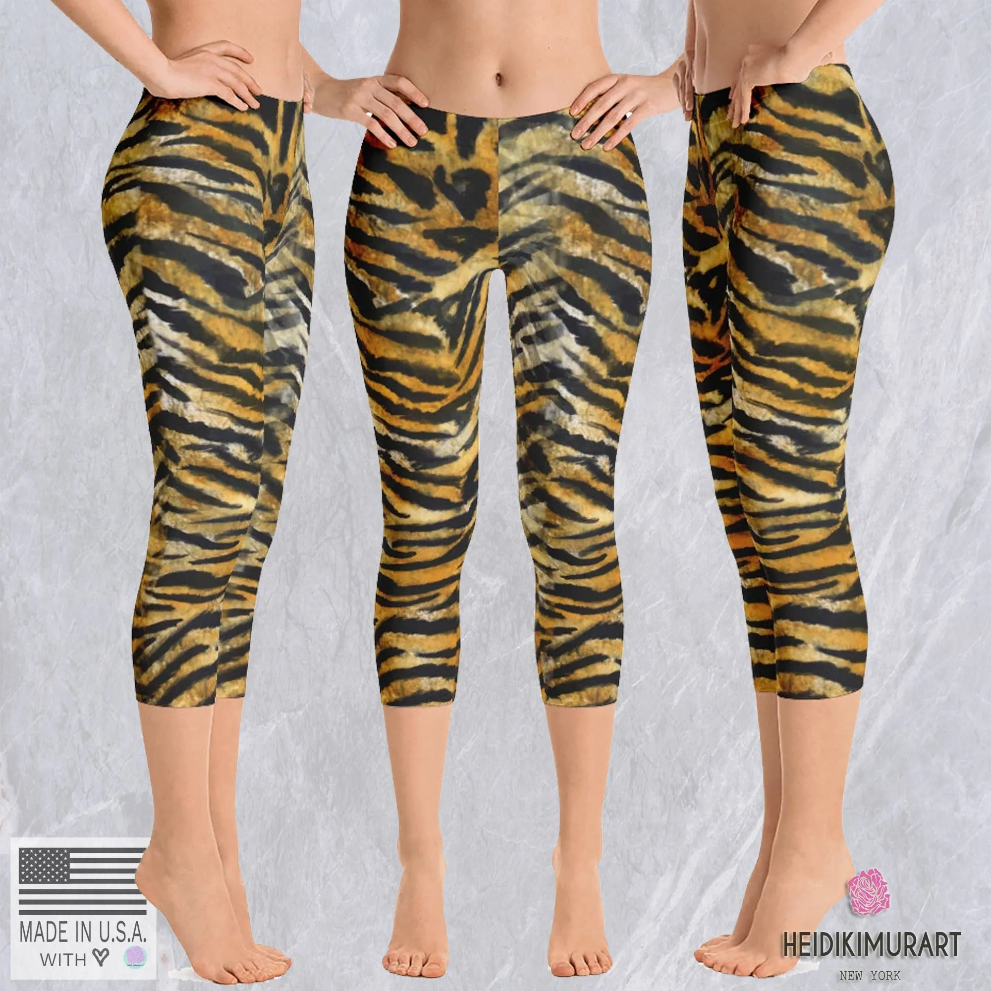 Tiger Striped Women's Capri Leggings, Orange Animal Print Capris Tights-Made in USA/EU