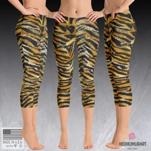 Tiger Striped Women's Capri Leggings, Orange Animal Print Capris Tights-Made in USA/EU