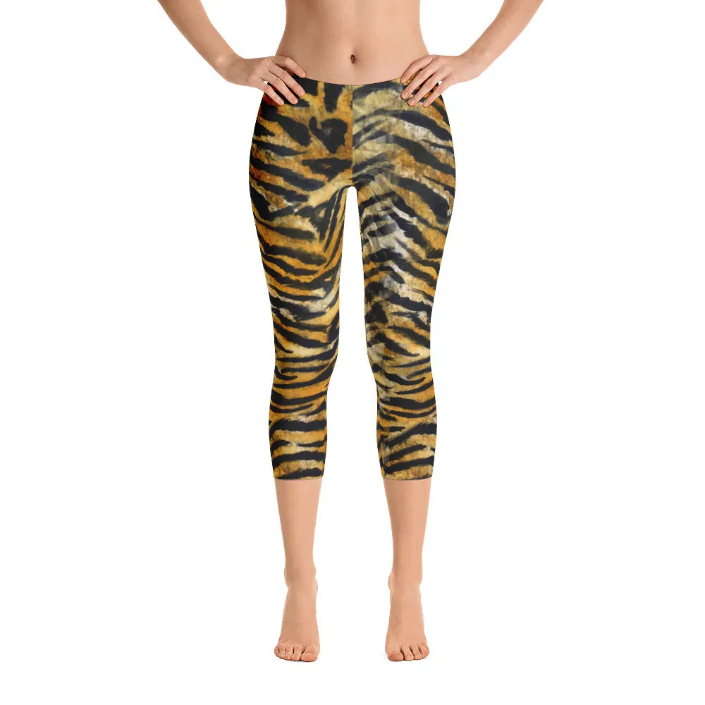 Tiger Striped Women's Capri Leggings, Orange Animal Print Capris Tights-Made in USA/EU