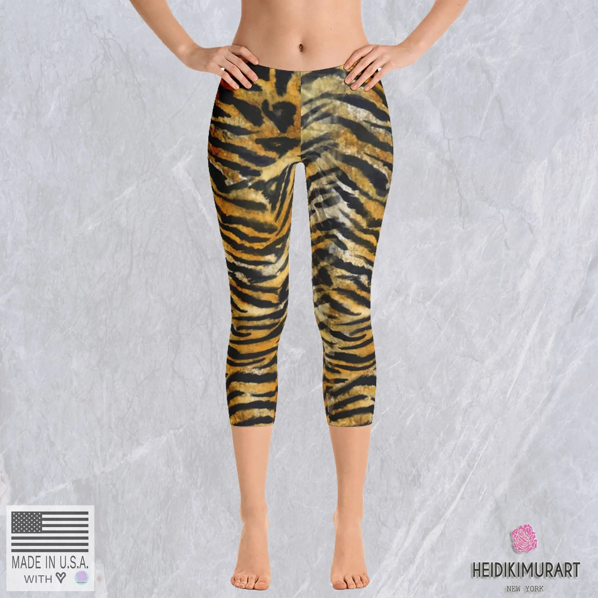 Tiger Striped Women's Capri Leggings, Orange Animal Print Capris Tights-Made in USA/EU