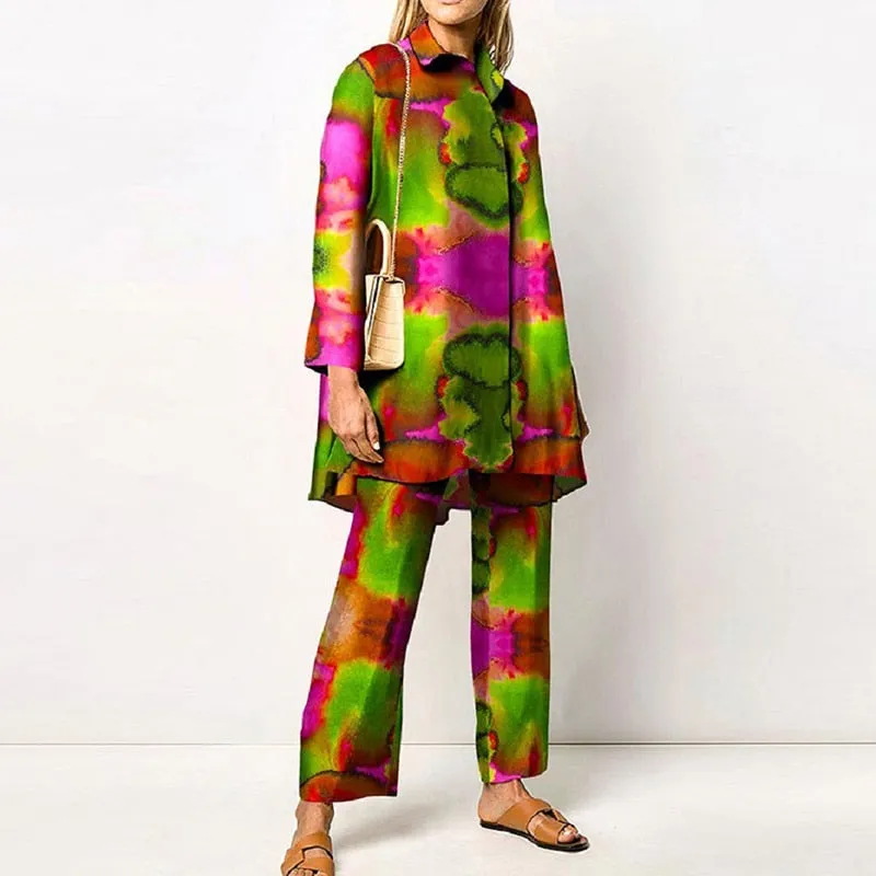 Two Piece Fashion Lapel Printed Long Sleeve Top Pant Set