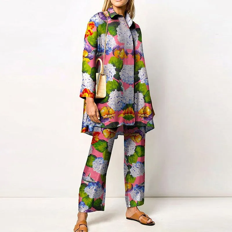 Two Piece Fashion Lapel Printed Long Sleeve Top Pant Set
