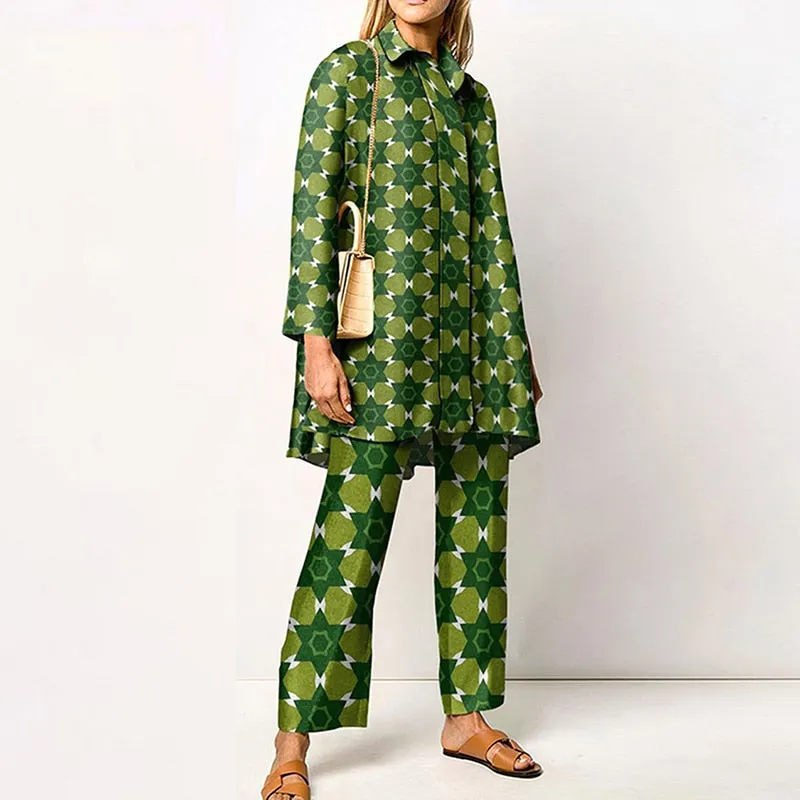 Two Piece Fashion Lapel Printed Long Sleeve Top Pant Set