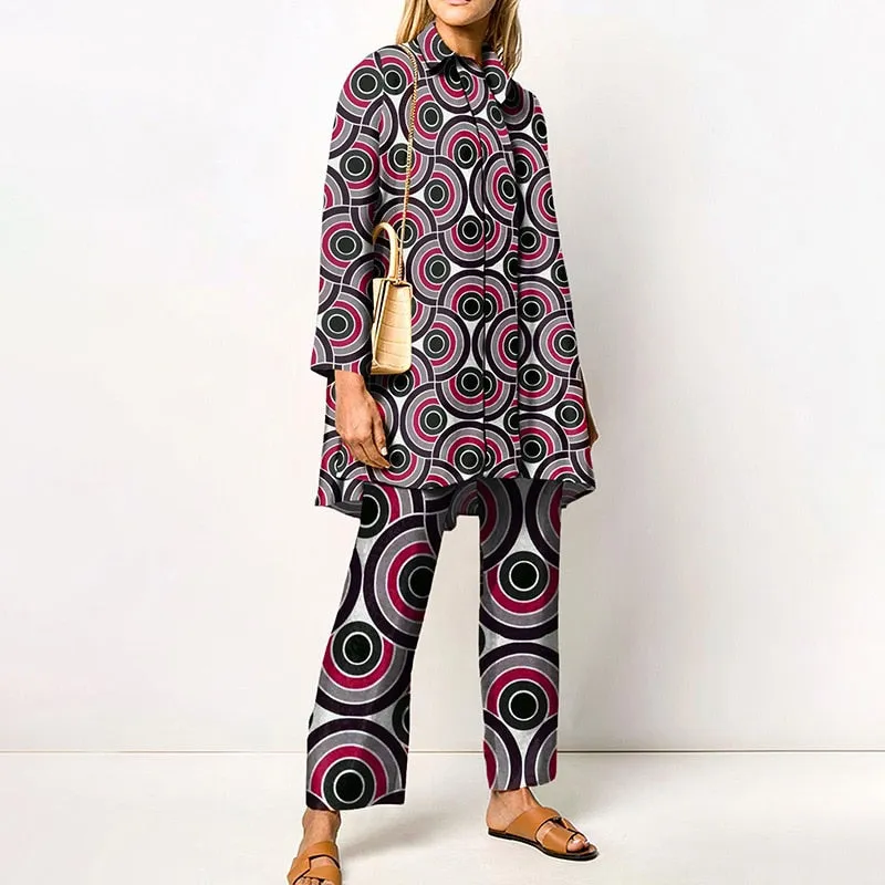 Two Piece Fashion Lapel Printed Long Sleeve Top Pant Set