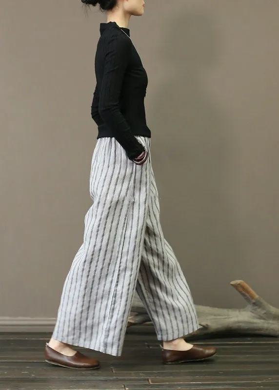 Unique Light Grey Elastic Waist Oversized Striped Linen Pants Trousers Summer LY1502