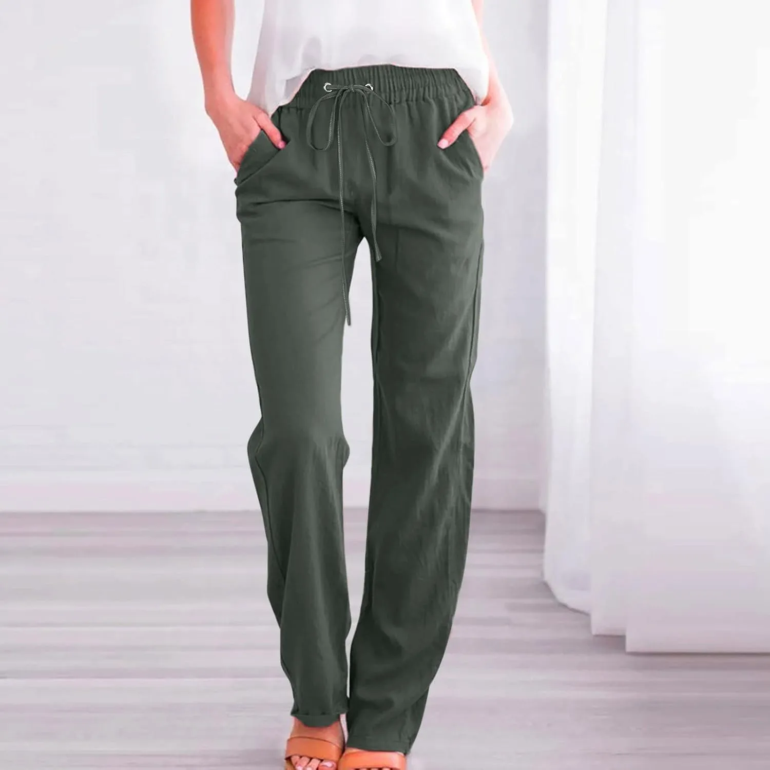 Women High Waisted Wide Leg Pants Cotton Linen Casual Drawstring Elastic Trousers Comfy Straight Leg Long Pants with Pockets