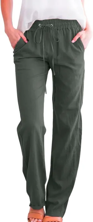Women High Waisted Wide Leg Pants Cotton Linen Casual Drawstring Elastic Trousers Comfy Straight Leg Long Pants with Pockets