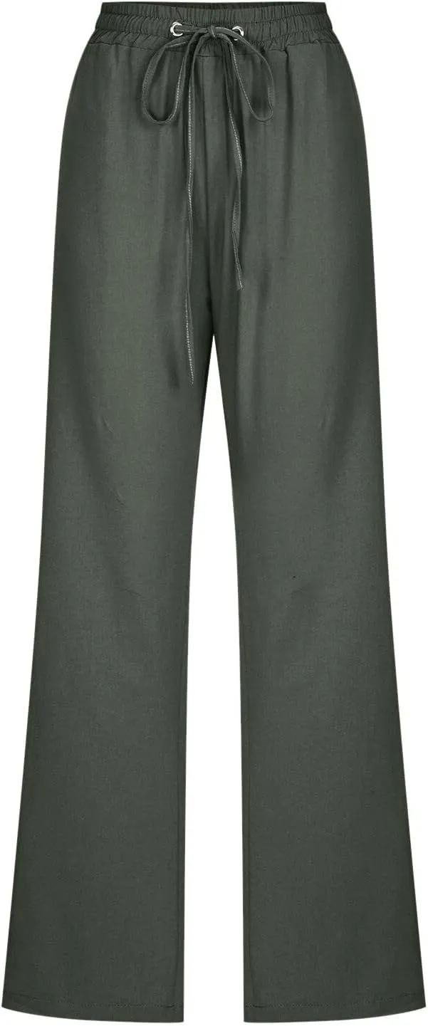Women High Waisted Wide Leg Pants Cotton Linen Casual Drawstring Elastic Trousers Comfy Straight Leg Long Pants with Pockets