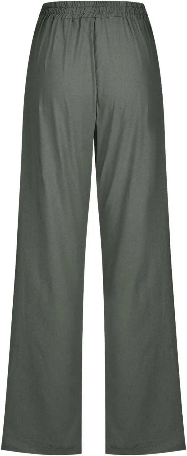 Women High Waisted Wide Leg Pants Cotton Linen Casual Drawstring Elastic Trousers Comfy Straight Leg Long Pants with Pockets