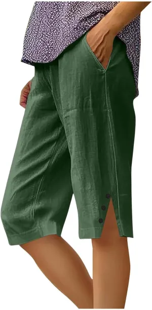 Womens Bermuda Shorts Knee Length Dressy Causal Elastic Waist Buttons Linen Shorts with Pockets Summer Beach Outfits