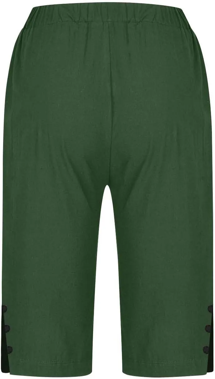 Womens Bermuda Shorts Knee Length Dressy Causal Elastic Waist Buttons Linen Shorts with Pockets Summer Beach Outfits