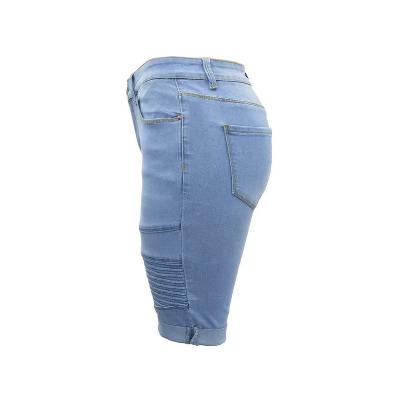 Women's Motorcycle Jean Shorts Mid Waisted Bermuda Shorts